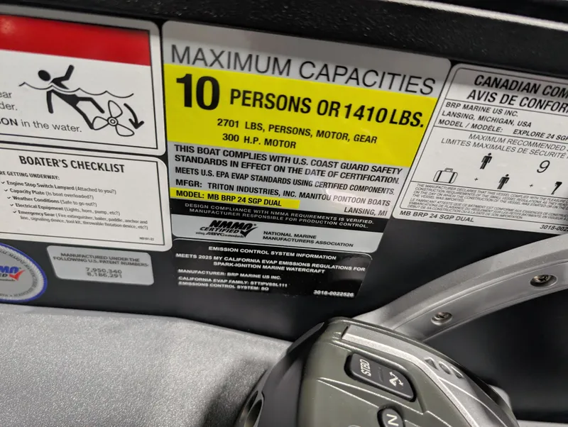 Slide: The Image of 2025 Manitou Explore Dual Engine capacity label: 10 persons, 1410 lbs, 300 HP motor. - 18