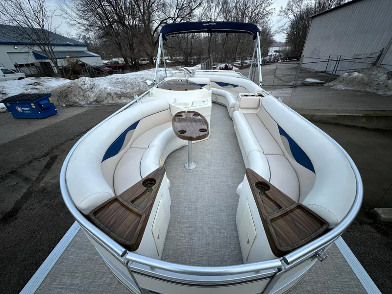 Slide: The Image of 2003 Harris FloteBote 260 Royal Heritage pontoon boat with spacious seating and elegant design. - 6