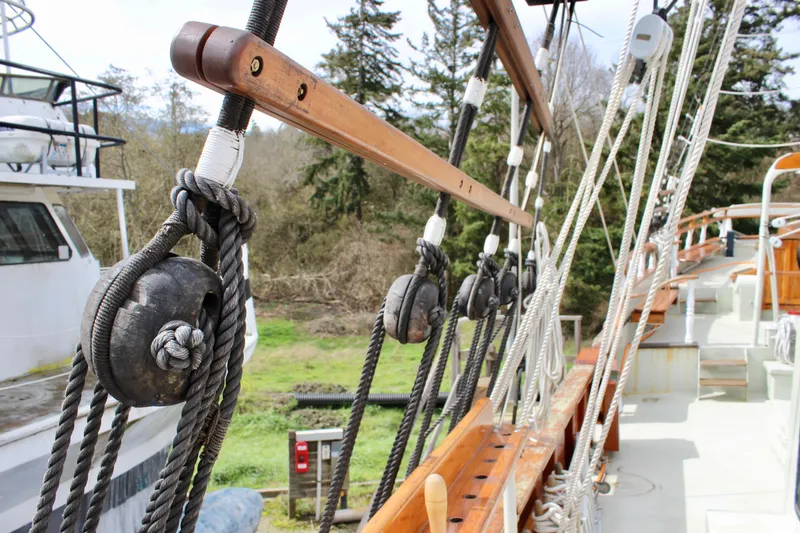 Slide: The Image of Rope rigging on 1988 Custom Lahaina Welding Co. Square Topsail Ketch, showcasing detailed craftsmanship. - 18