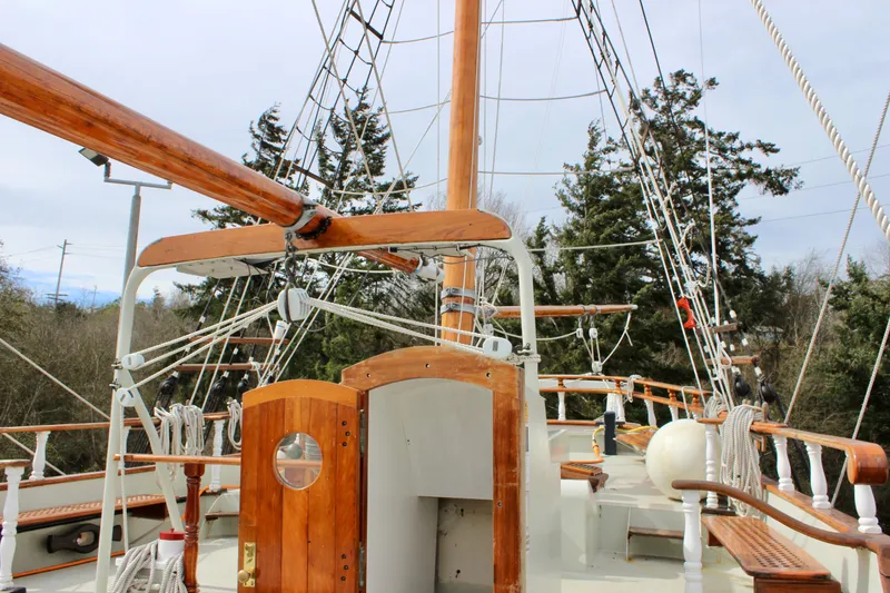 Slide: The Image of Square topsail ketch with wooden deck and rigging, Custom Lahaina Welding Co., 1988 model. - 26