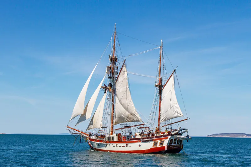 Slide: The Image of Vintage 1988 Lahaina Welding Co. Square Topsail Ketch sailing on open sea under clear blue sky. - 2