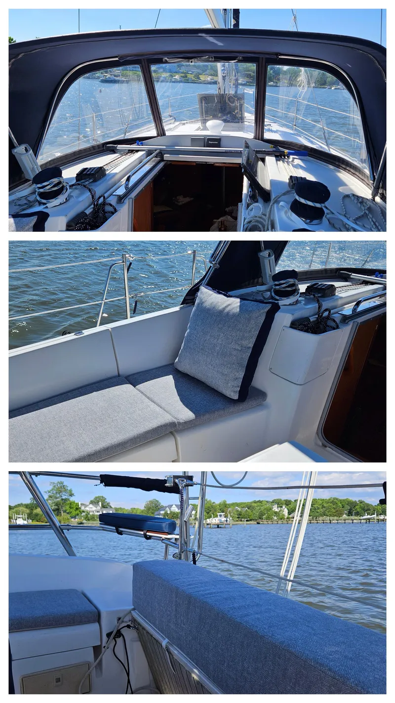 Slide: The Image of 2011 Hunter e36 sailboat interior and deck views on a sunny day. - 20