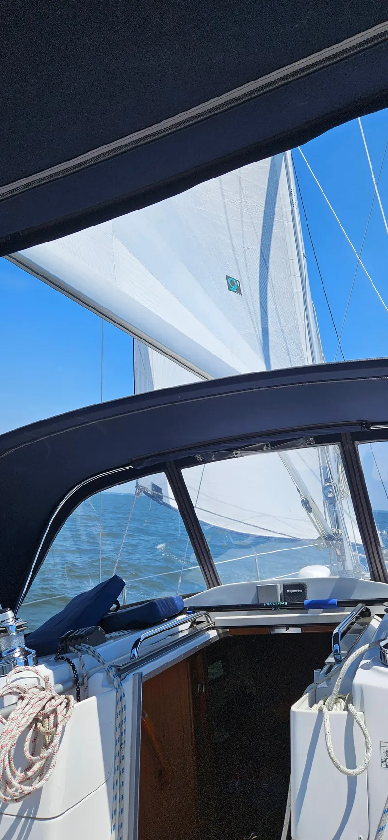 Slide: The Image of Sailing on a 2011 Hunter e36 yacht with white sails against a clear blue sky. - 31