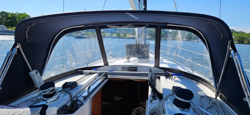 Slide: The Image of Cockpit view of 2011 Hunter e36 sailboat on a sunny day. - 38