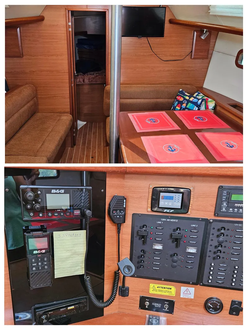 Slide: The Image of Interior of 2011 Hunter e36 sailboat with navigation equipment and cozy seating area. - 45