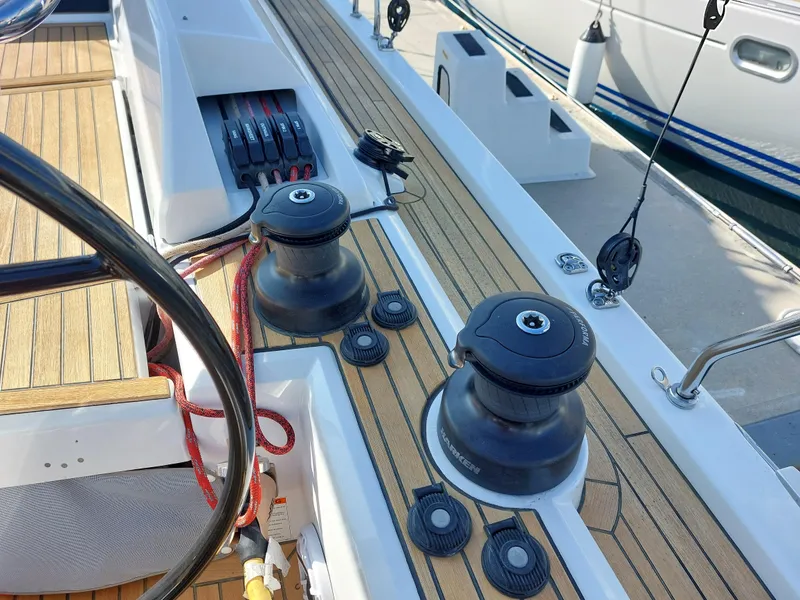 Slide: The Image of Deck of 2022 Beneteau Oceanis 46.1 sailboat with winches and ropes. - 14