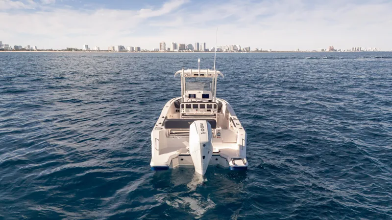 Slide: The Image of SeaWell 240CC 2025 boat on open water with city skyline in background. - 5