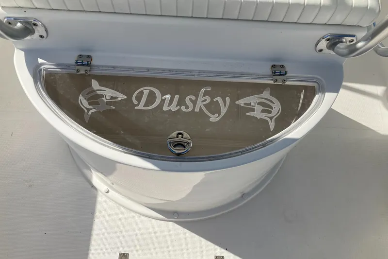 Slide: The Image of Dusky 252 T boat detail with logo and shark graphics, 2021 model. - 30