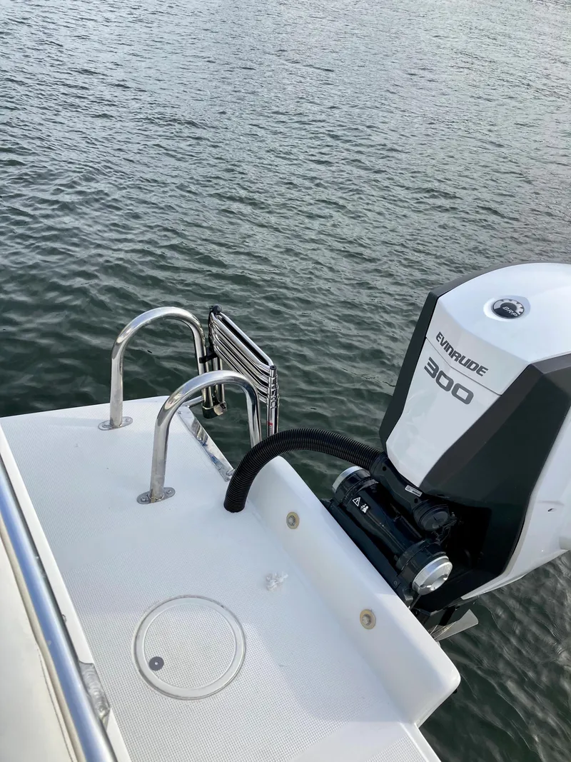 Slide: The Image of 2021 Dusky 252 T boat with Evinrude 300 engine on water. - 44