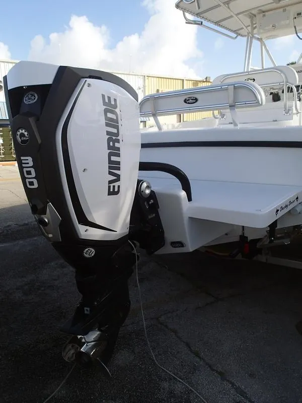 Slide: The Image of 2021 Dusky 252 T boat with Evinrude outboard motor, docked on concrete surface. - 46