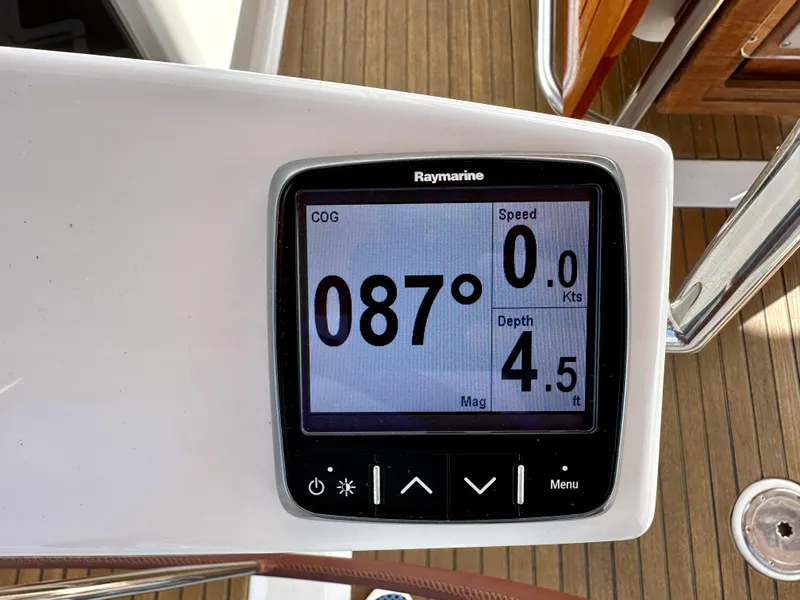 Slide: The Image of Raymarine display on 2014 Jeanneau 57 yacht showing course, speed, and depth. - 29