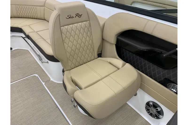 Slide: The Image of Luxurious interior of 2020 Sea Ray 280 SLX boat with beige leather seating. - 18