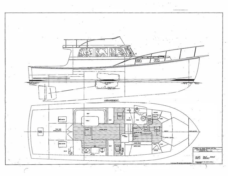 Slide: The Image of Blueprint of 2019 Lowell Brothers Flybridge boat, showing side profile and interior layout. - 38
