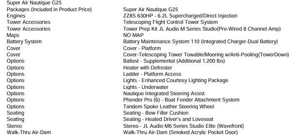 Slide: The Image of 2025 Nautique Super Air Nautique G25 features and options list. - 13