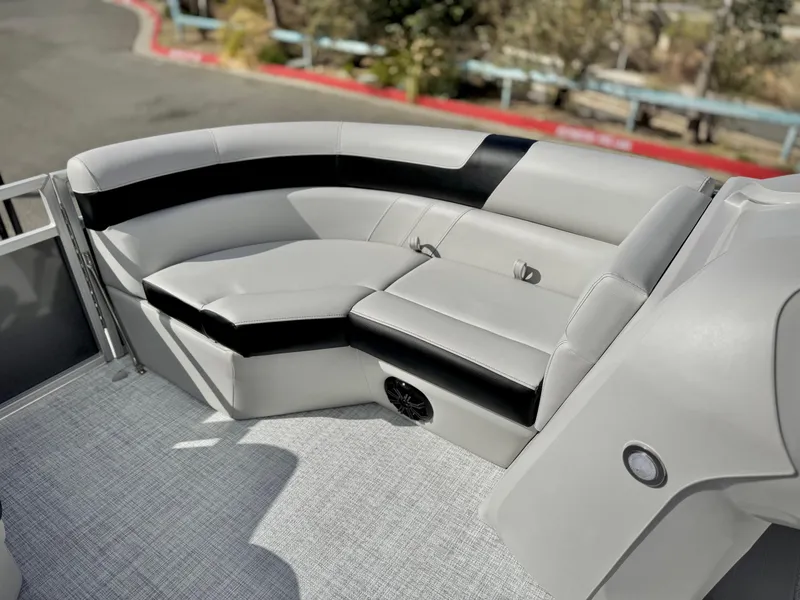 Slide: The Image of Luxurious seating on 2025 Berkshire 20 CRSE pontoon boat, featuring sleek design and comfortable upholstery. - 11