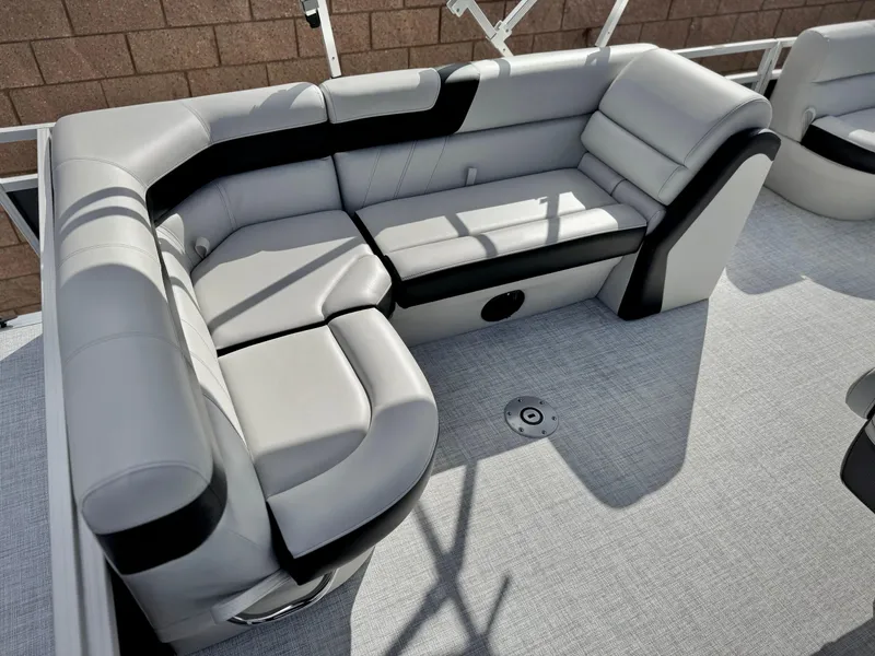 Slide: The Image of 2025 Berkshire 20 CRSE boat interior with gray and black seating. - 14