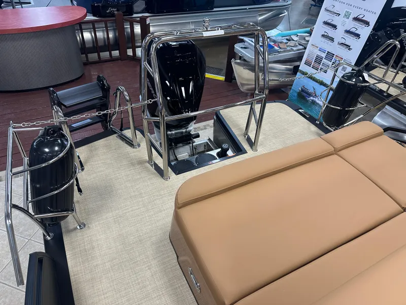 Slide: The Image of 2025 Harris Solstice 250 boat interior with tan seating and stainless steel railings. - 14