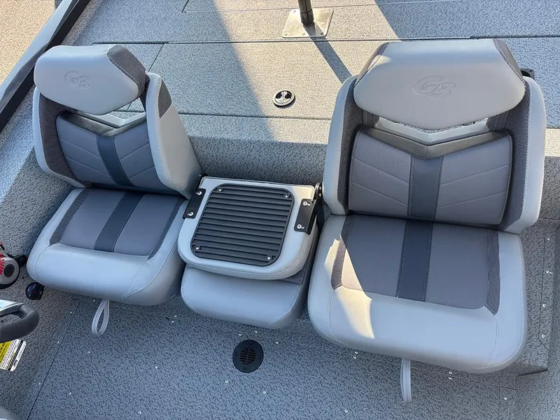 Slide: The Image of 2025 G3 Sportsman 1710 boat seats, gray upholstery, modern design. - 17