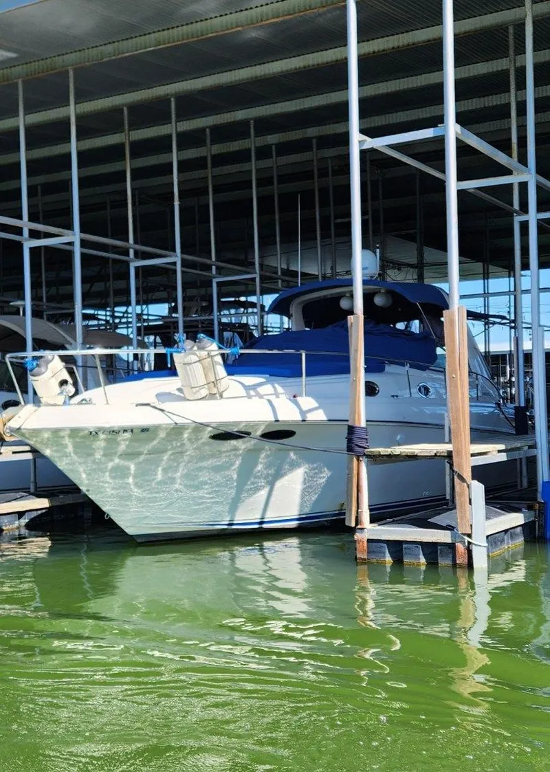 Slide: The Image of 1996 Sea Ray 400 EXPRESS docked in a marina with green water. - 24