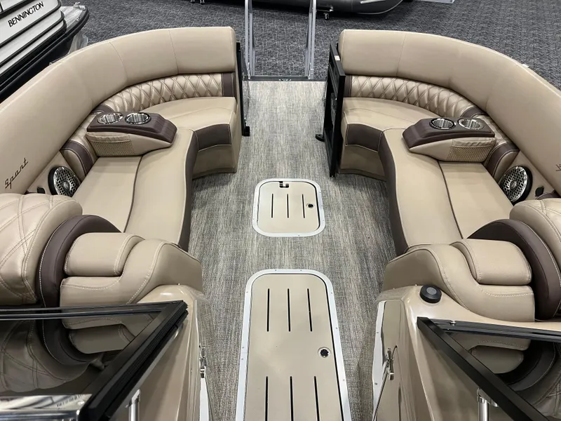 Slide: The Image of Luxurious interior of 2025 Bennington Q Line boat with plush seating and modern design. - 4