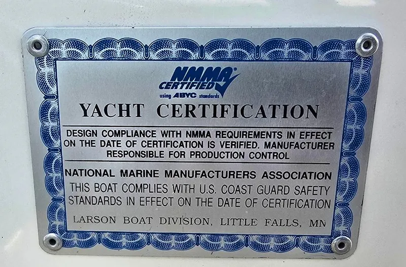 Slide: The Image of Yacht certification plaque for 2006 Larson LXI 268 BR, NMMA certified, Larson Boat Division. - 19