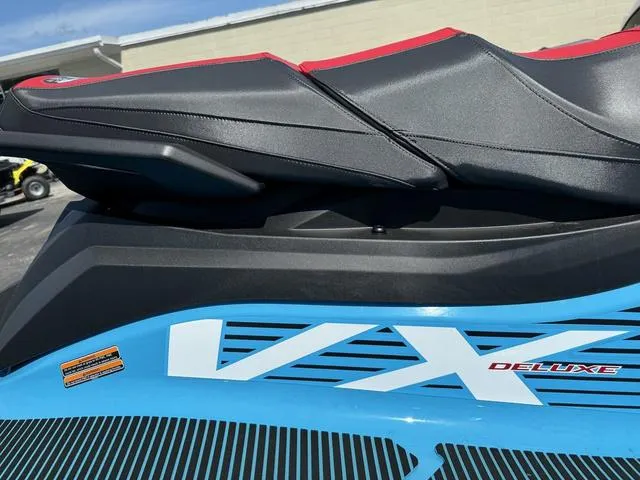 Slide: The Image of 2024 Yamaha Waverunner VX Deluxe with Audio, blue and black seat detail. - 8