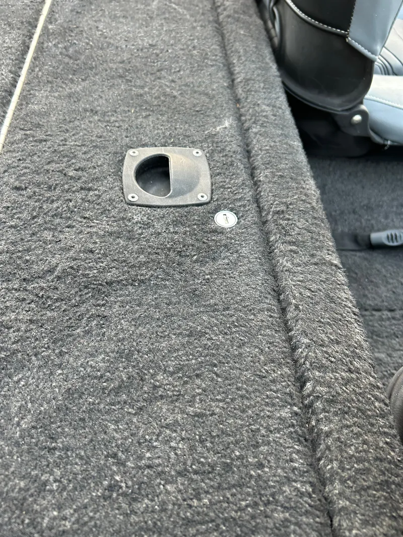 Slide: The Image of 2019 Tracker Pro 160 boat interior with carpeted flooring and seat detail. - 42