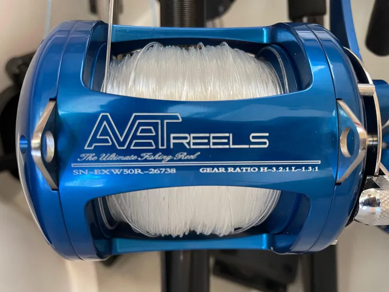 Slide: The Image of Blue AVET fishing reel with white line, featuring gear ratio details. - 29