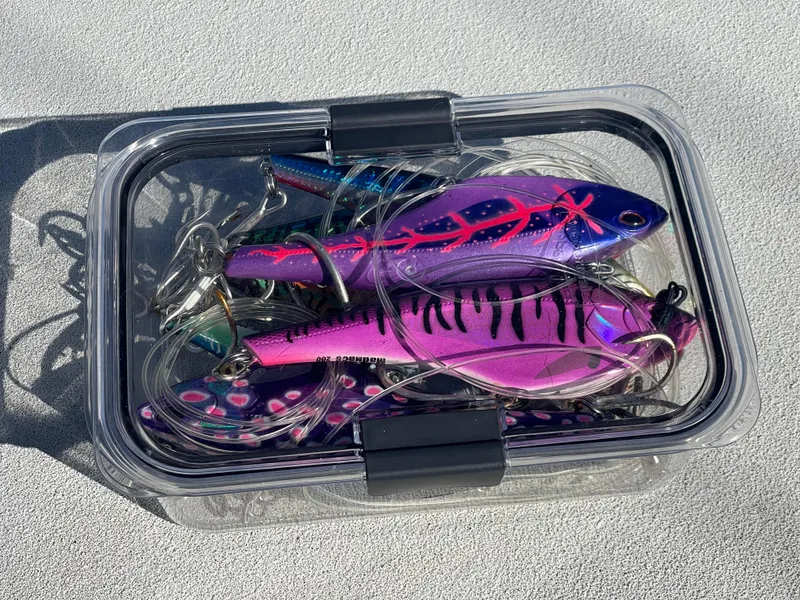 Slide: The Image of Colorful fishing lures in a clear plastic box on a Farallon 3200 Explorer, 2016 model. - 31