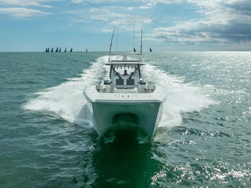 Slide: The Image of Freeman 42 boat cruising on open water, 2017 model, with distant sailboats. - 20
