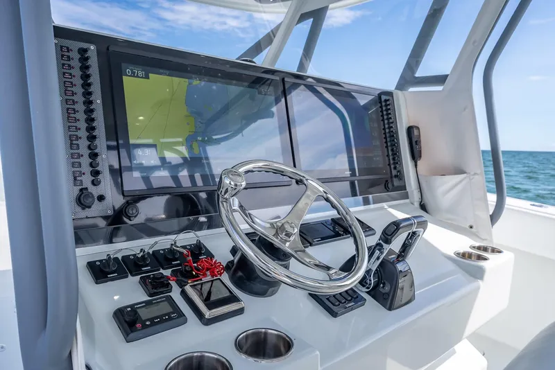 Slide: The Image of Freeman 42 boat helm with advanced navigation system, 2017 model, ocean view. - 29