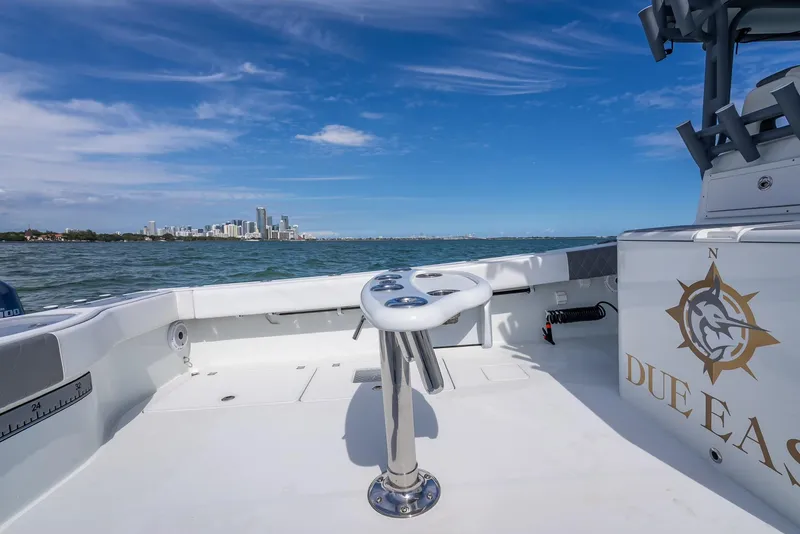 Slide: The Image of Freeman 42 boat deck with city skyline in the background, 2017 model. - 46