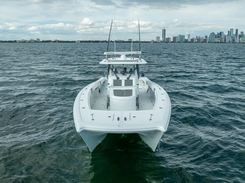Slide: The Image of Freeman 42 boat on open water, city skyline in background, 2017 model. - 9