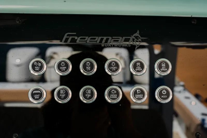 Slide: The Image of Control panel of Freeman 38 boat, featuring various labeled buttons, 2025 model. - 26