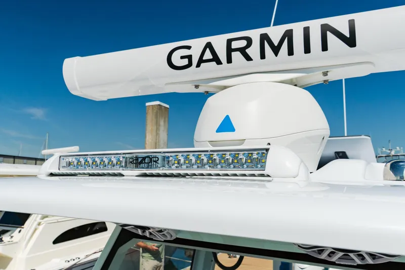 Slide: The Image of 2025 Freeman 38 boat with Garmin radar and LED light bar on deck. - 41
