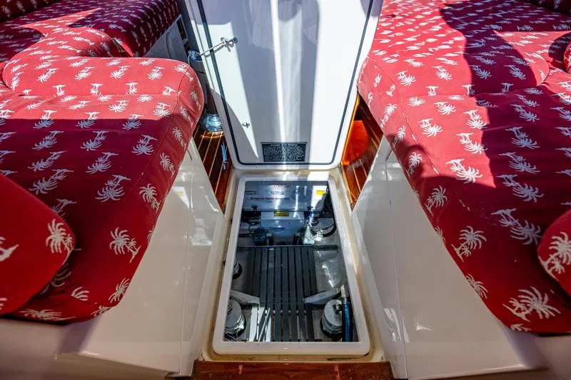 Slide: The Image of Interior view of 2006 Hinckley Talaria 44 MY with red patterned seating. - 31