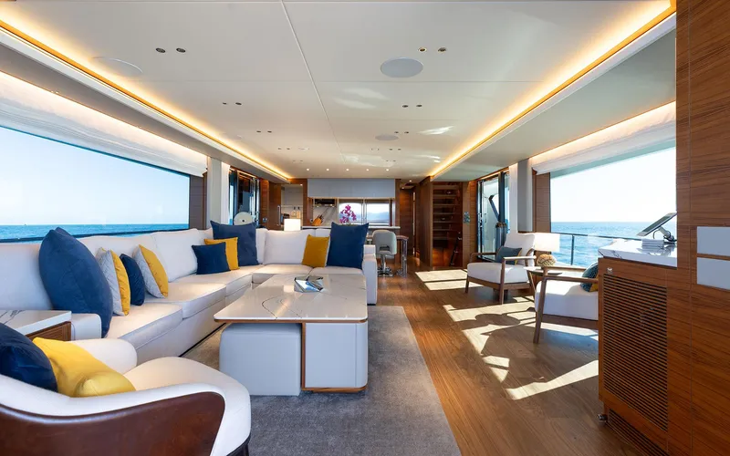 Slide: The Image of Luxurious interior of 2022 Horizon FD 92 yacht with modern furnishings and ocean view. - 4