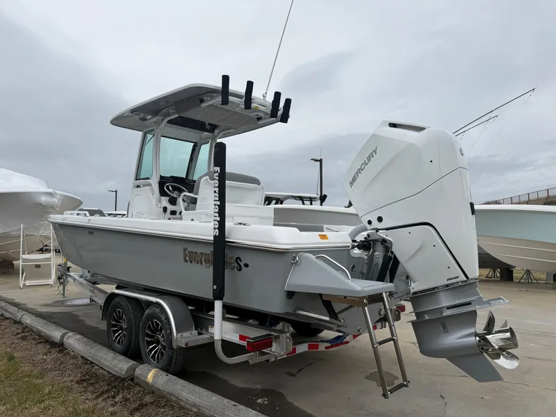 Slide: The Image of 2025 Everglades 253 Center Console boat with Mercury engine on trailer. - 4