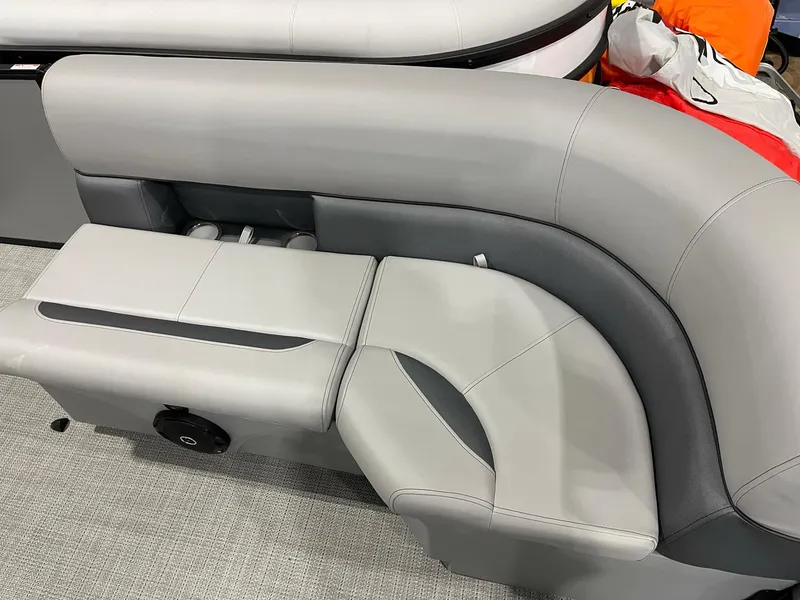 Slide: The Image of 2025 Bentley Pontoons Legacy 200 Cruise XL interior seating, featuring sleek gray upholstery. - 4