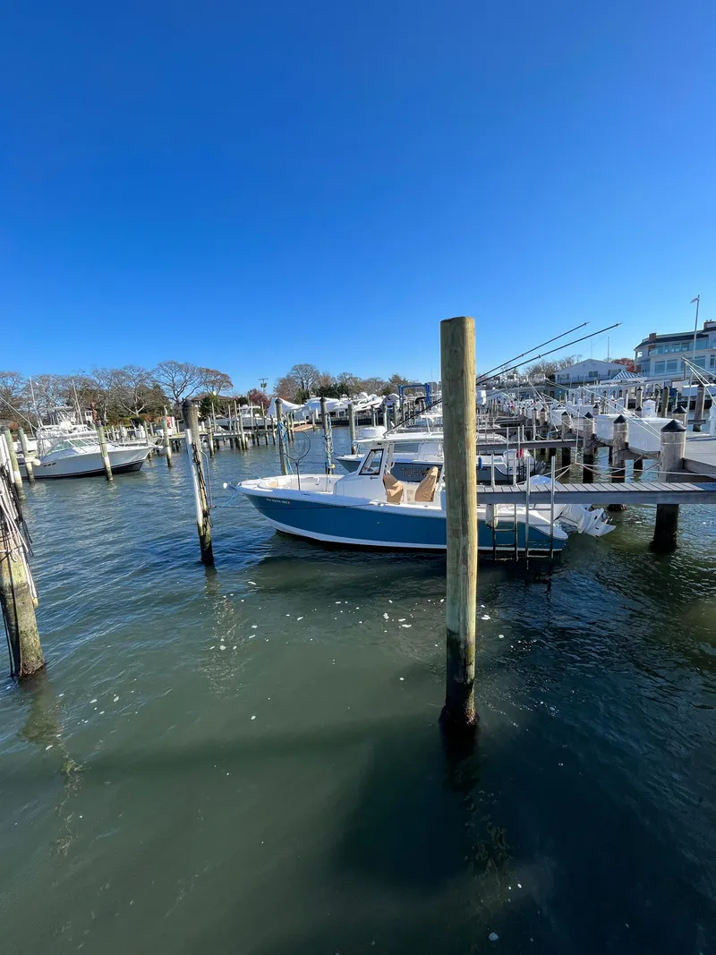 Slide: The Image of 2022 Edgewater 285CC boat docked in a marina under clear blue skies. - 15