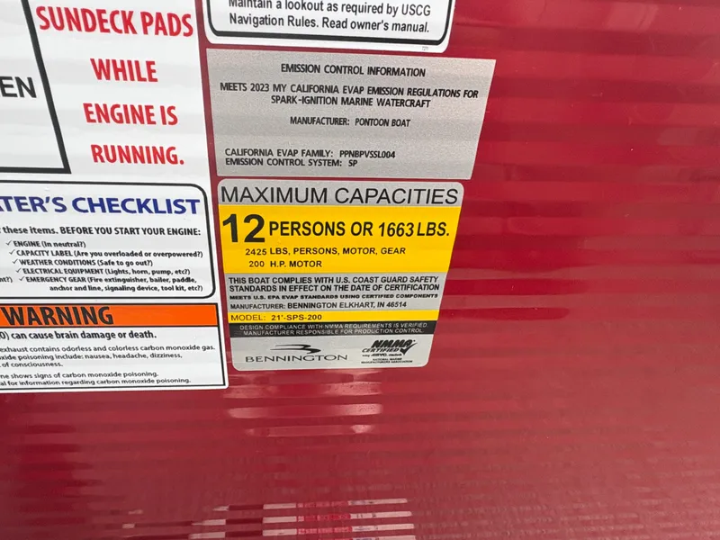 Slide: The Image of Capacity label on 2020 Bennington 22 SLX pontoon boat, max 12 persons or 1663 lbs. - 27