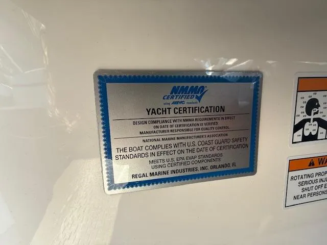 Slide: The Image of Yacht certification plaque on 2016 Regal 2800 Bowrider, indicating compliance with safety standards. - 33