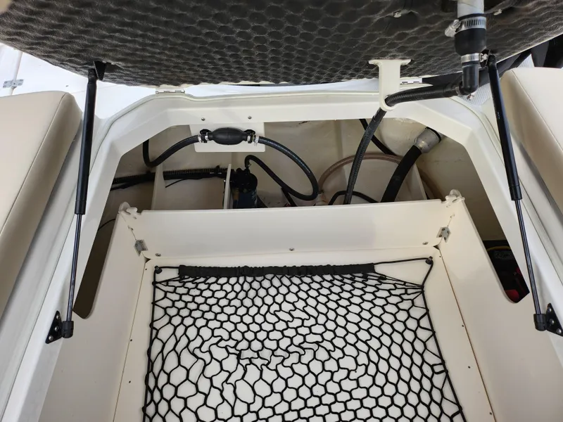 Slide: The Image of 2017 Chaparral 21 H2O Ski & Fish OB storage compartment with netting and hydraulic supports. - 29