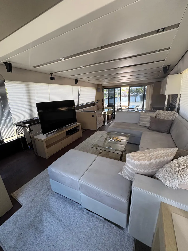 Slide: The Image of Luxurious interior of a 2018 Prestige 680 yacht with modern furnishings and large windows. - 45