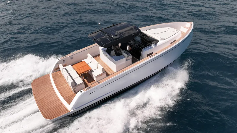 Slide: The Image of 2025 Pardo Yachts 38 cruising on open water, showcasing sleek design and luxury features. - 5