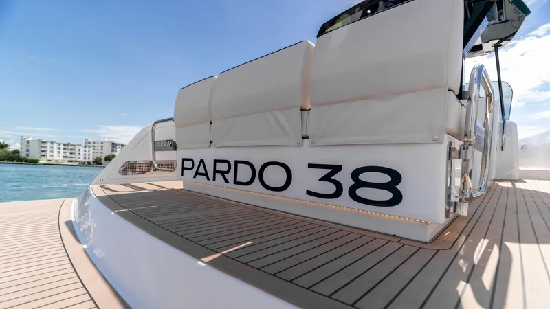 Slide: The Image of 2025 Pardo Yachts 38, luxury yacht deck with modern seating and sleek design. - 12