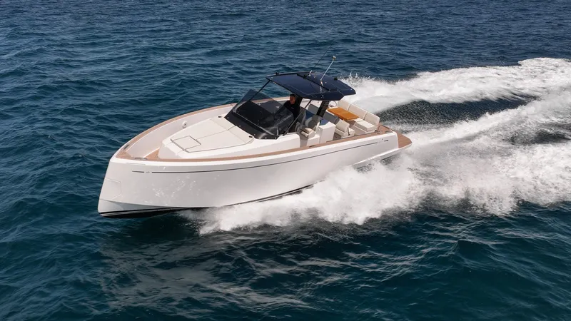 Slide: The Image of 2025 Pardo Yachts 38 cruising on open water, showcasing sleek design and performance. - 43