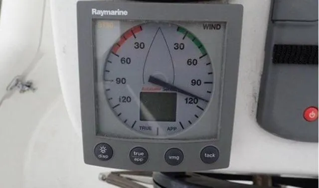 Slide: The Image of Raymarine wind gauge on 2002 Beneteau Oceanis Clipper 361 sailboat dashboard. - 14