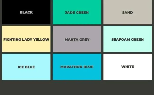 Slide: The Image of Color options for 2025 Key West 203DFS: Black, Jade Green, Sand, Fighting Lady Yellow, Manta Grey, Seafoam Green, Ice Blue, Marathon Blue, White. - 10