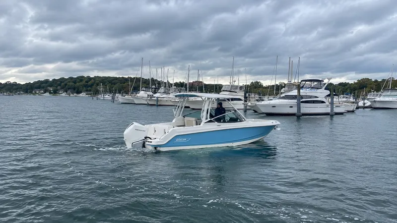 Slide: The Image of A 2026 Boston Whaler 240 Vantage cruising on calm water, surrounded by yachts in a marina. - 39